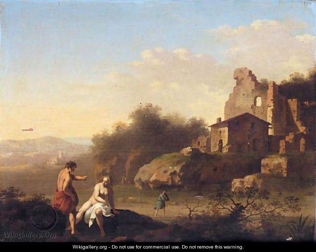 A Southern Landscape With Two Figures Bathing Near Ruins - Cornelis Van Poelenburgh