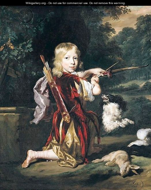 Portrait Of A Young Man, Full Length, Wearing A Red Tunic, And Holding A Bow And Arrow, With A Spaniel And A Hare - Nicolaes Maes