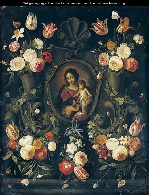 A Stone Cartouche Adorned With Flowers And Butterflies, Surrounding An Image Of The Virgin And Child With The Infant Saint John The Baptist - Jan van Kessel