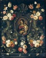 A Stone Cartouche Adorned With Flowers And Butterflies, Surrounding An Image Of The Virgin And Child With The Infant Saint John The Baptist - Jan van Kessel