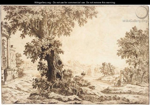 Figures Conversing In An Extensive Landscape, A Large Tree At The Centre, Ruins To The Left. - Italian School