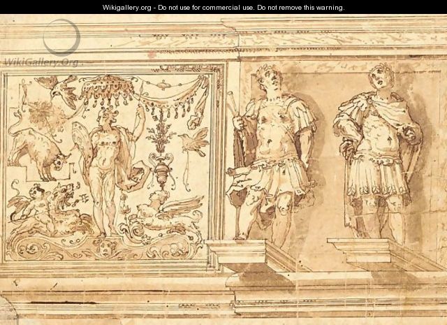 Design For A Frieze Decoration A Grotesque Panel Next To Two Plinths With Roman Generals - Roman School