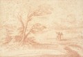 A Landscape With A Tree And Two Travellers Near A Pond In The Foreground, And Distant Buildings Behind - Giovanni Francesco Guercino (BARBIERI)