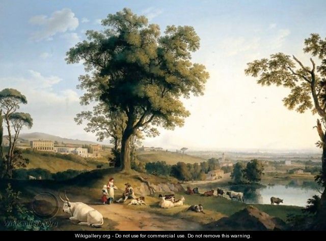 A Panoramic Landscape In The Roman Campagna With A Distant Prospect Of The Villa Albani Near Rome, Peasants With Goats And Cattle Beneath A Great Tree In The Foreground. - Jakob Philippe Hackert