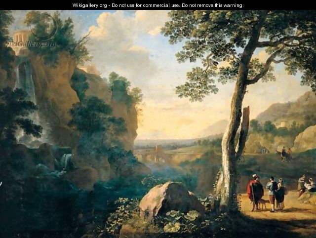 A Southern Landscape With A Fisherman And Figures Conversing On A Road Beside A Waterfall, A Hill Town Above And A Bridge Beyond - Herman Van Swanevelt