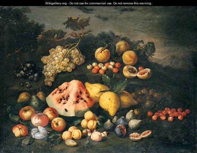 Still Life Of Watermelon, Lemons, Peaches, Apples, Plums, Cherries And Figs In An Open Landscape - (after) Bartolommeo Bimbi