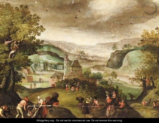 Autumn An Extensive Landscape With Figures Picking Grapes - (after) Abel Grimmer