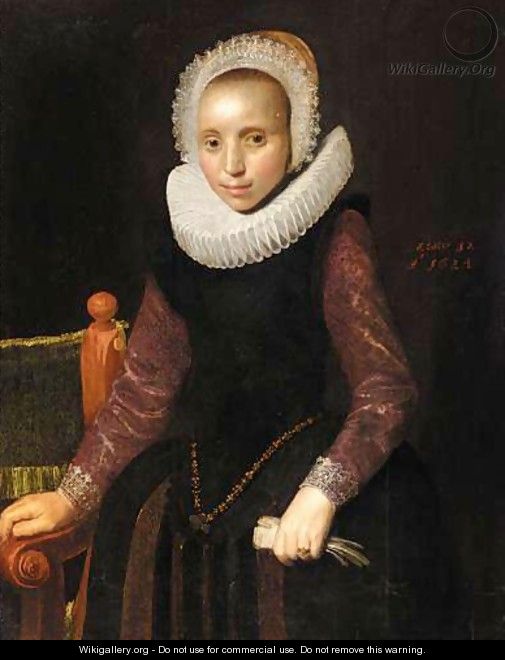 Portrait Of A Young Lady, Three Quarter Length, Wearing A Black Dress, With Purple Sleeves With An Elaborate Ruff - (after) George Geldorp