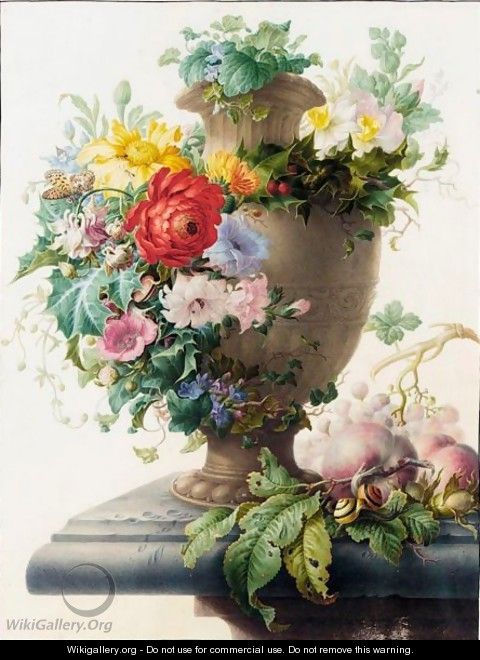 An Urn Garlanded With Flowers, And Peaches, Grapes, Hazelnuts And Various Insects And Snails On A Stone Ledge - Herman Henstenburgh
