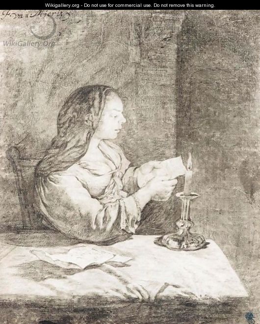 A Young Woman Seated At A Table, Reading A Letter By Candlelight - Frans van Mieris