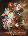 Still Life Study Of Urn Of Mixed Flowers On A Marble Ledge - Dutch School