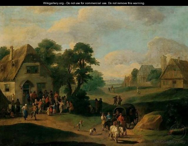 A Village Scene With Peasants Dancing Before An Inn, Waggoners On A Path In The Foreground - (after) Mathys Schoevaerdts