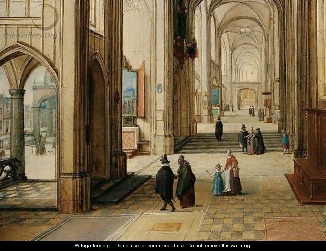 A Gothic Church Interior With An Open Loggia To The Left - Hendrick Van Steenwijck II