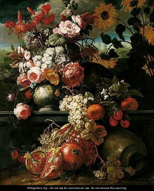 A Still Life Of Roses, Tulips, And Other Flowers In A Porcelain Vase, Together With Pomegranates, Plums And Grapes, In An Ornamental Landscape - Gaspar-pieter The Younger Verbruggen