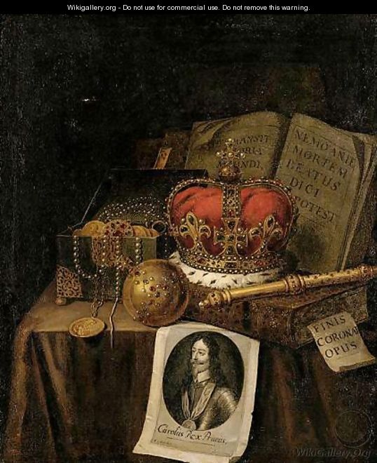 A Vanitas Still Life Of A Crown, An Orb, A Sceptre, A Casket Of Coins And Jewels, Together With Books And An Engraving Of Charles I Of England, All Arranged Upon A Draped Table-Top - Edwart Collier
