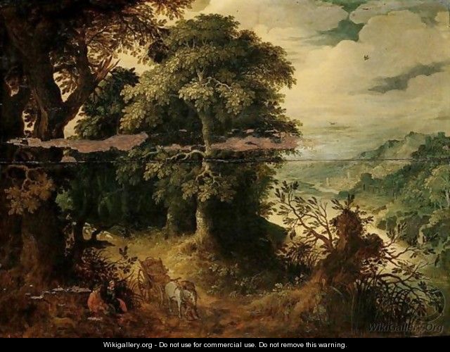 A River Landscape With Travellers And Their Wagon Resting By A Track, A City In The Distance - Abraham Govaerts