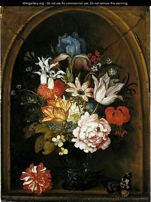 A Still Life Of Tulips, A Rose, An Iris, A Fuchsia, Forget-Me-Nots And Other Flowers In A Berkemeijer Glass, Set In A Niche And Flanked With A Carnation And A Butterfly - Balthasar Van Der Ast