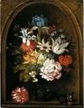 A Still Life Of Tulips, A Rose, An Iris, A Fuchsia, Forget-Me-Nots And Other Flowers In A Berkemeijer Glass, Set In A Niche And Flanked With A Carnation And A Butterfly - Balthasar Van Der Ast