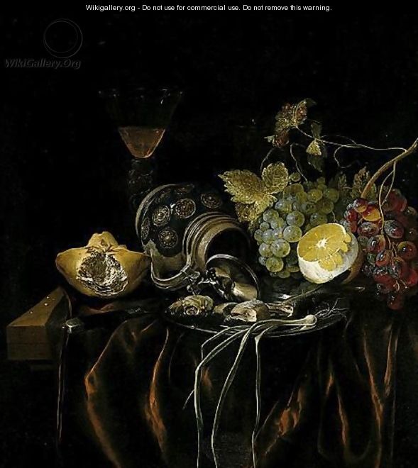 A Still Life Of A Siegburger Kanne, Herring, And A Spring Onion On A Silver Plate, Grapes, A Peeled Lemon, A Bread Roll And A Glass With Wine, All Upon A Table Draped With A Red Cloth - Cornelis van Lelienbergh