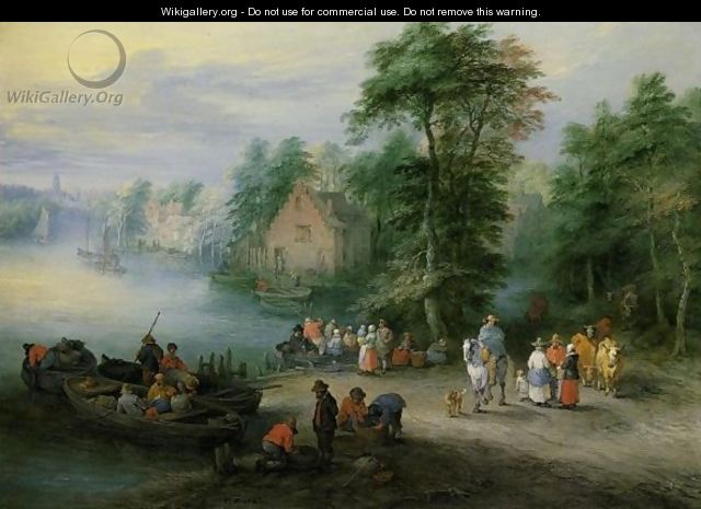 A Wooded River Landscape With Peasants And Cattle By A Ferry, A Village Beyond - Theobald Michau