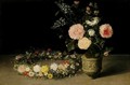 A Still Life Of Roses And Sprays Of Lilac In An Ornamental Stoneware Vase, With A Wreath Of Roses, Forget-Me-Nots, Jasmine, Cyclamen And Other Flowers Resting Nearby, All On A Table-Top - Jan The Elder Brueghel