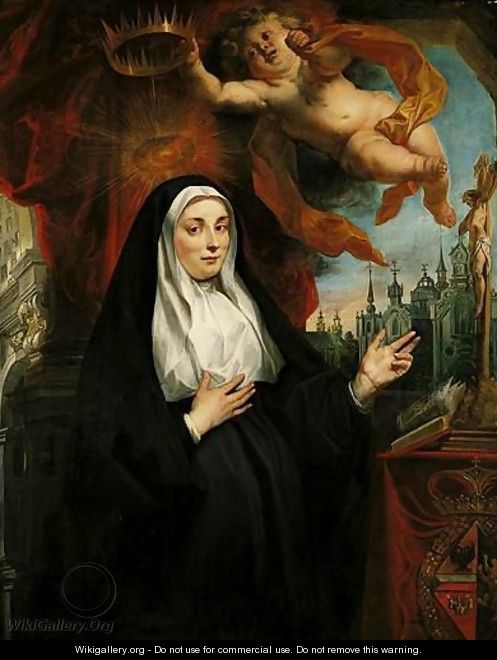Portrait Of The Infanta Isabella Clara Eugenia, As A Nun, Half-Length In Prayer Before A Crucifix And Crowned By A Cherub, With An Abbey Beyond - Jacob Jordaens