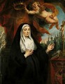 Portrait Of The Infanta Isabella Clara Eugenia, As A Nun, Half-Length In Prayer Before A Crucifix And Crowned By A Cherub, With An Abbey Beyond - Jacob Jordaens