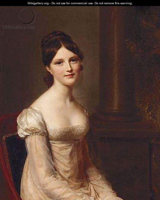 Portrait Of A Young Lady, Half Length, Seated, Wearing A Pink Dress With Columns Beyond - Firmin Massot