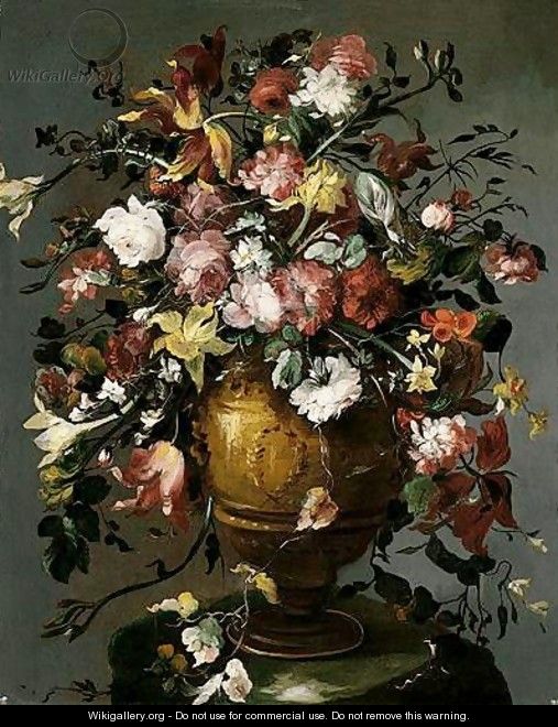 A Still Life Of Roses, Daffodils, Carnations, Narcissi And Tulips In A Gilt Urn, Upon A Stone Pedestal - (after) Francesco Guardi