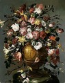 A Still Life Of Roses, Daffodils, Carnations, Narcissi And Tulips In A Gilt Urn, Upon A Stone Pedestal - (after) Francesco Guardi