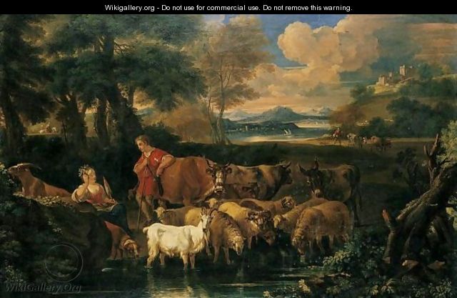 An Arcadian Landscape With A Shepherd And Shepherdess With Their Flocks Beside A Stream - Pieter the Younger Mulier (Tampesta, Pietro)