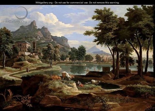 A Classical Landscape With Figures And Cattle Resting By A Lake, Rocky Terrain Beyond - Etienne Allegrain