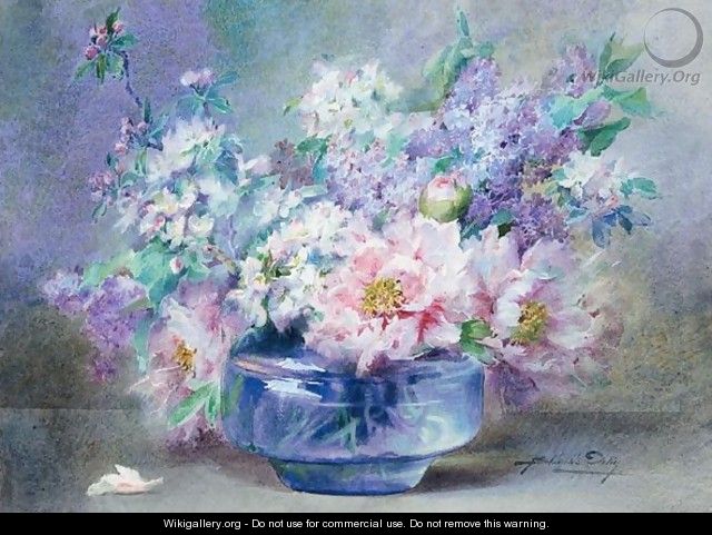 A Bowl Of Flowers Including Apple Blossom, Lilac And Peonies - Blanche Odin