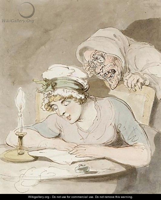 A Young Lady Reading A Book, An Old Hag At Her Shoulder - Thomas Rowlandson