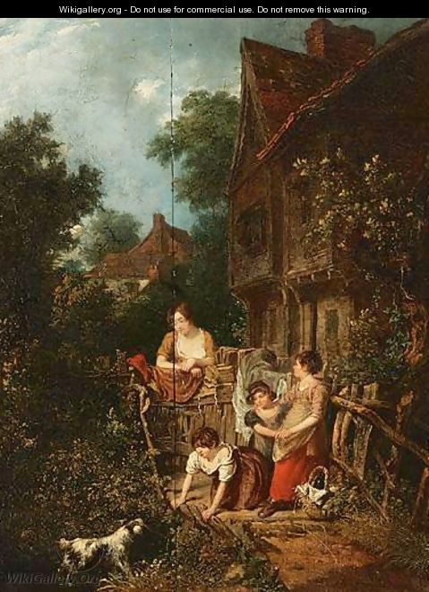 Village Scene With Figures Outside A Cottage With A Dog - (after) William Frederick Witherington