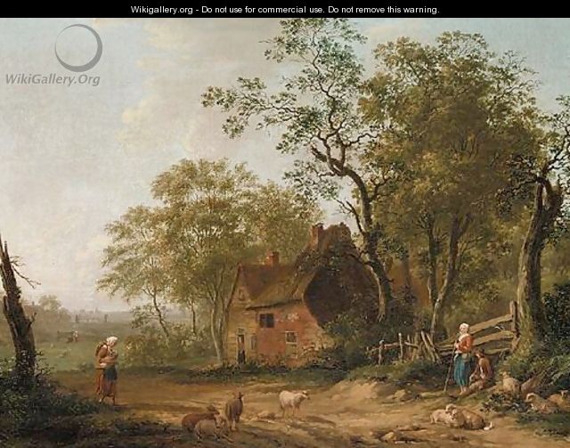 Figures And Sheep Outside A Country Cottage - (after) Patrick Nasmyth
