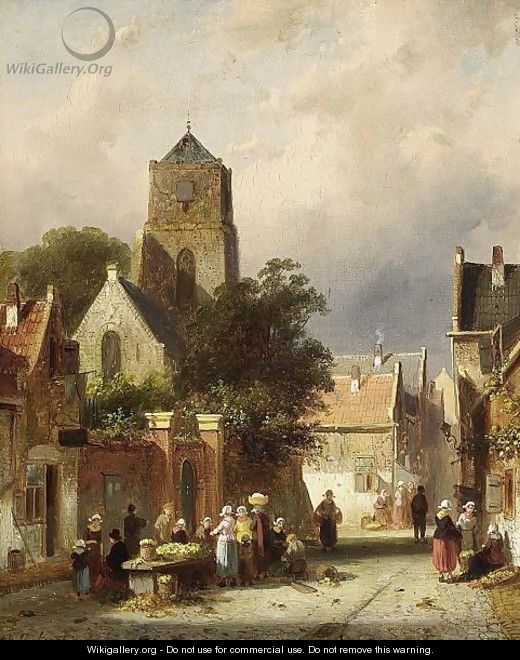 A Street Scene With Villagers By A Market Stall - Charles Henri Leickert