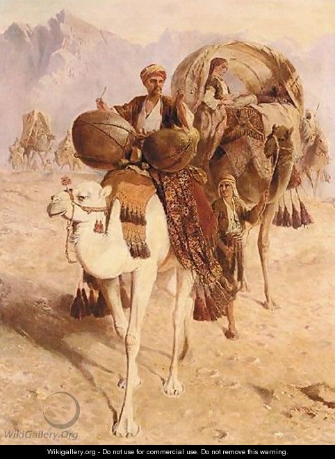 A Caravan Of Camels Crossing The Desert, Mountains Beyond - Joseph-Austin Benwell