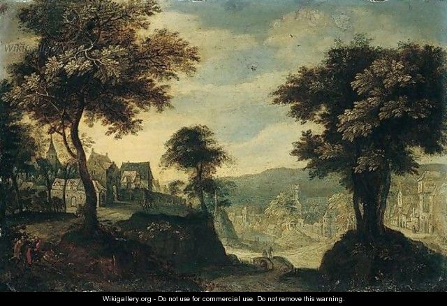 View Of A Town With A Church In The Centre Distance, Travellers In The Left Foreground - (after) Anton Mirou