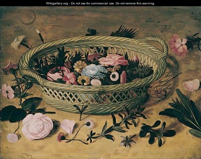 Still Life Of Flowers In A Wicker Basket, With Other Blooms And Leaves Scattered Around - Flemish School