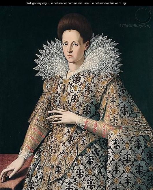 Portrait Of A Lady, Three-Quarter Length, Wearing A Richly Embroidered Dress And Lace Collar - (after) Santi Di Tito