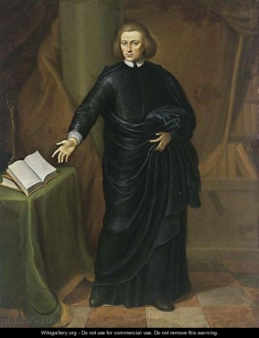 A Portrait Of A Cleric, Standing Full Length, Wearing A Black Robe With White Cuffs And Collar, Pointing Towards A Book On A Table With Green Table Cloth, In His Library - Gerard Wigmana