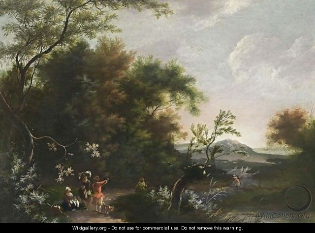 A Wooded Landscape With Travellers Resting And Conversing On A Path, Hills Beyond - Jan Snellinck