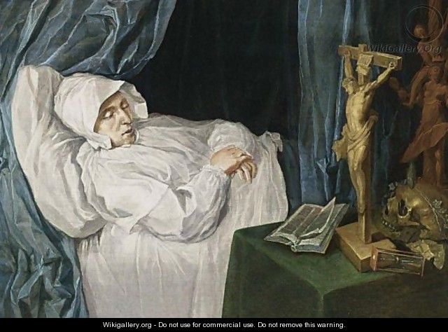A Woman On Her Deathbed With A Vanitas Still Life On A Table On The Right - Dutch School