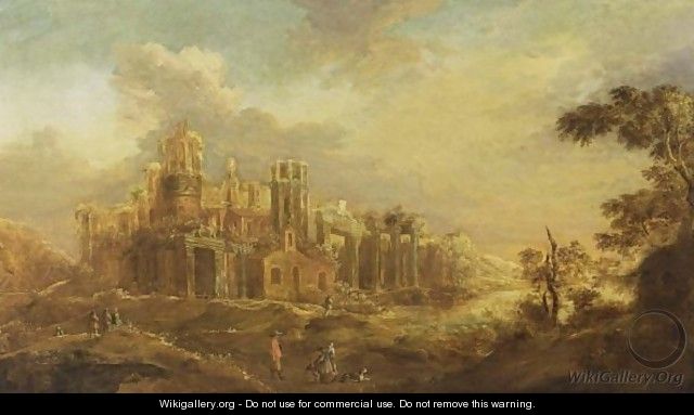A Classical Landscape With Travellers On A Path Near Antique Ruins - Abraham Van Westerveldt