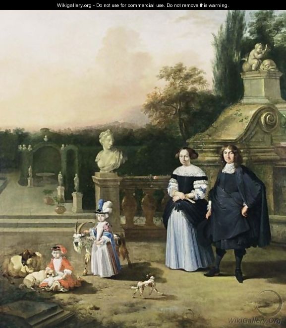 A Portrait Of A Gentleman And His Wife, Both Standing Full-Length With Their Two Children Playing With A Goat And Sheep, Together With A Dog, All In A Garden Setting - (after) Barent Graat