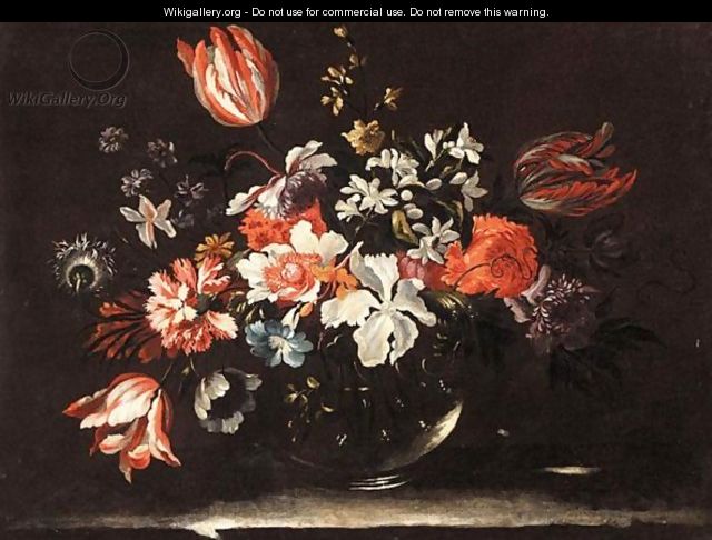 Still Life With Lilies, Irises And Other Flowers In A Glass Vase, On A Stone Ledge - (after) Nicolas Baudesson