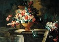 Still Life With Various Flowers In Bronze Urn, On A Stone Ledge In An Ornamental Garden - (after) Francesco Lavagna