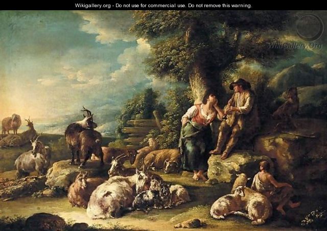 Landscape With A Shepherd Playing His Pipe And A Diarymaid, With Their Flock - Domenico Brandi