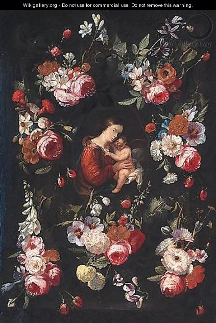 Virgin And Child Surrounded By A Floral Garland - (after) Jan Philip Van Thielen